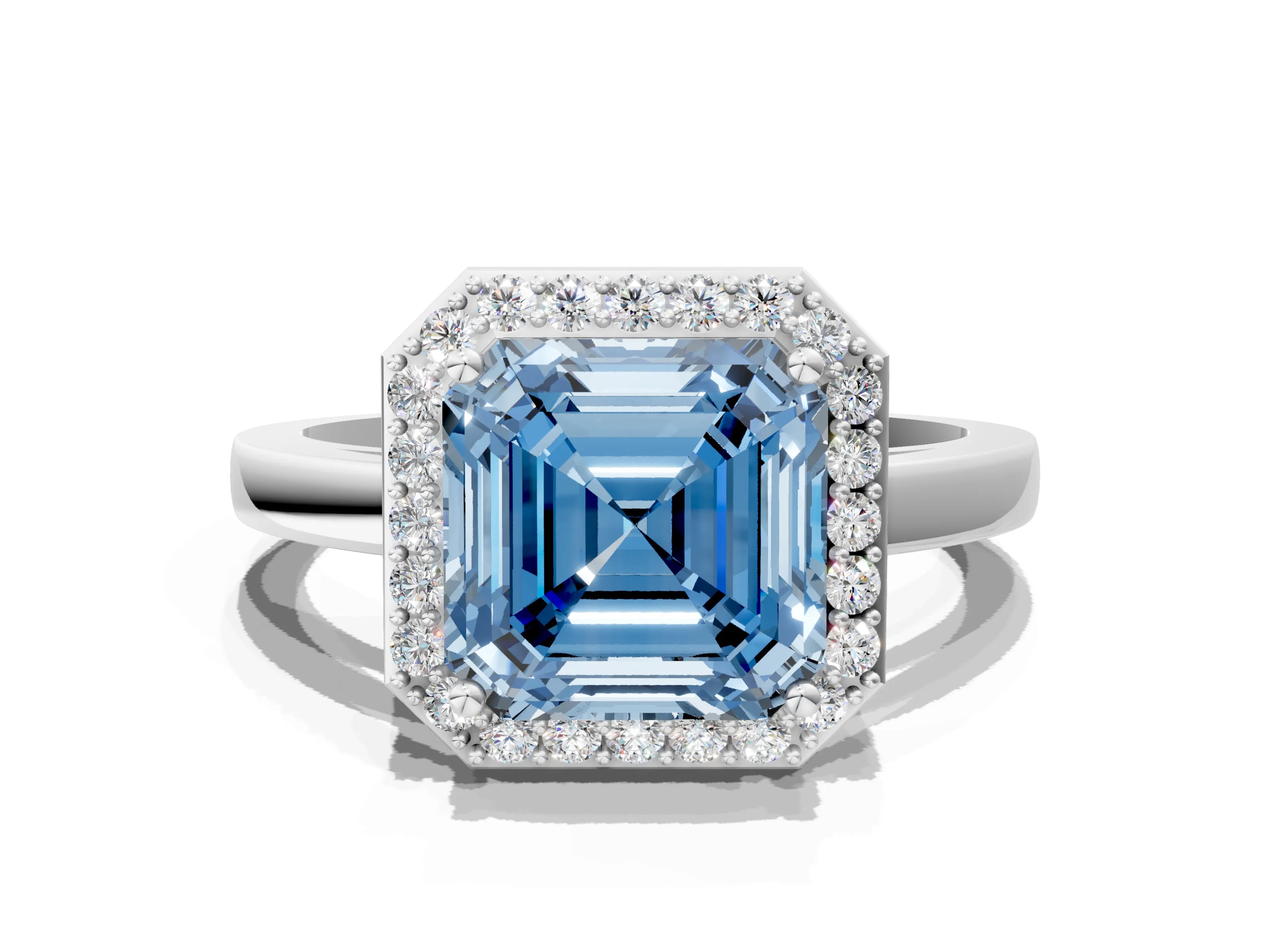 White gold Fancy Blue Asscher Cut Halo Diamond Ring with Solitaire Band and Prong Setting