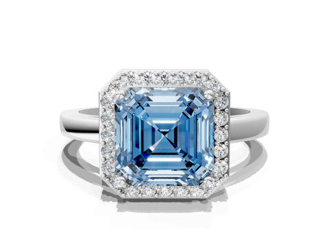 White gold Fancy Blue Asscher Cut Halo Diamond Ring with Solitaire Band and Prong Setting