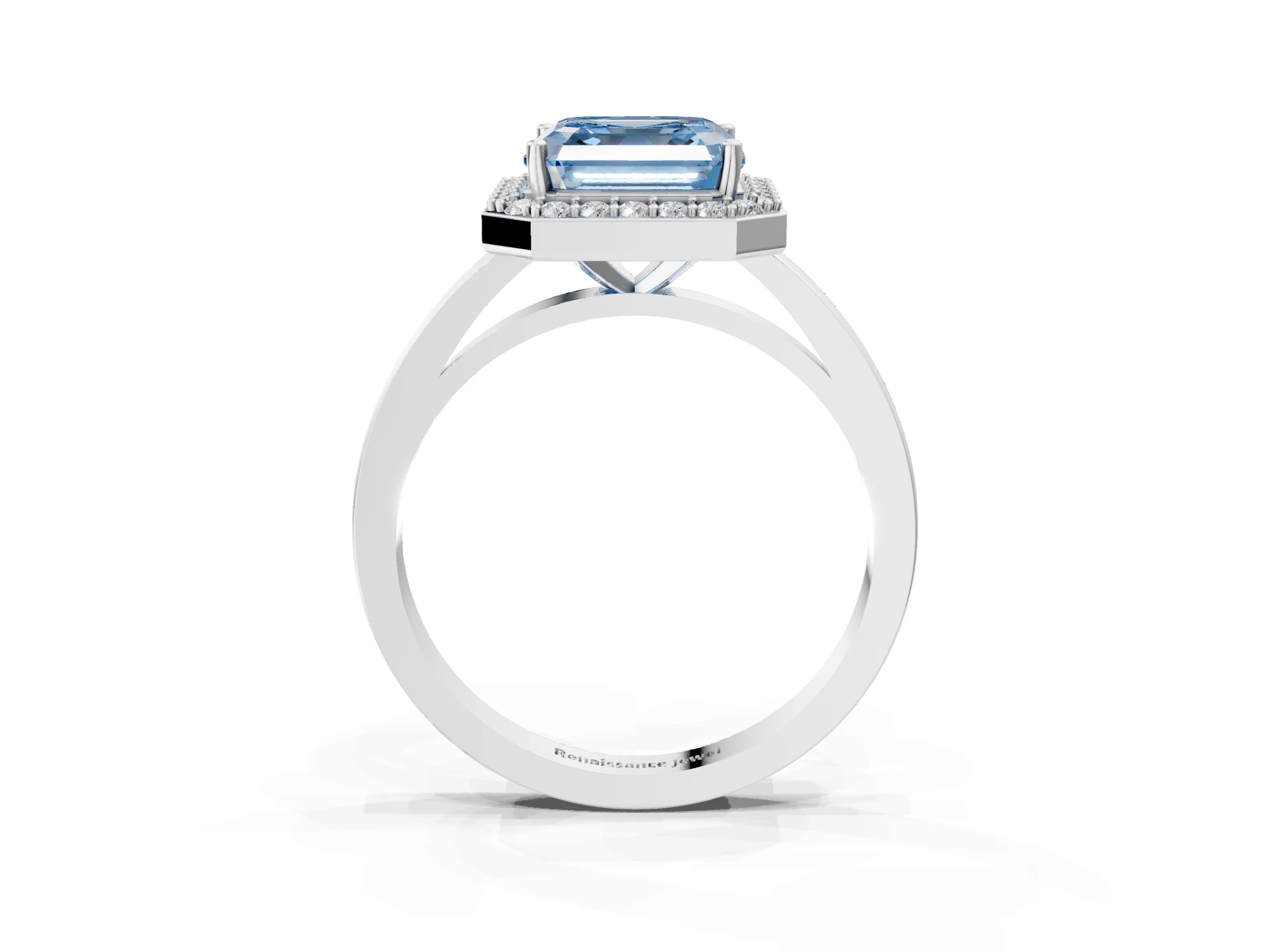 White gold Fancy Blue Asscher Cut Halo Diamond Ring with Solitaire Band and Prong Setting_3