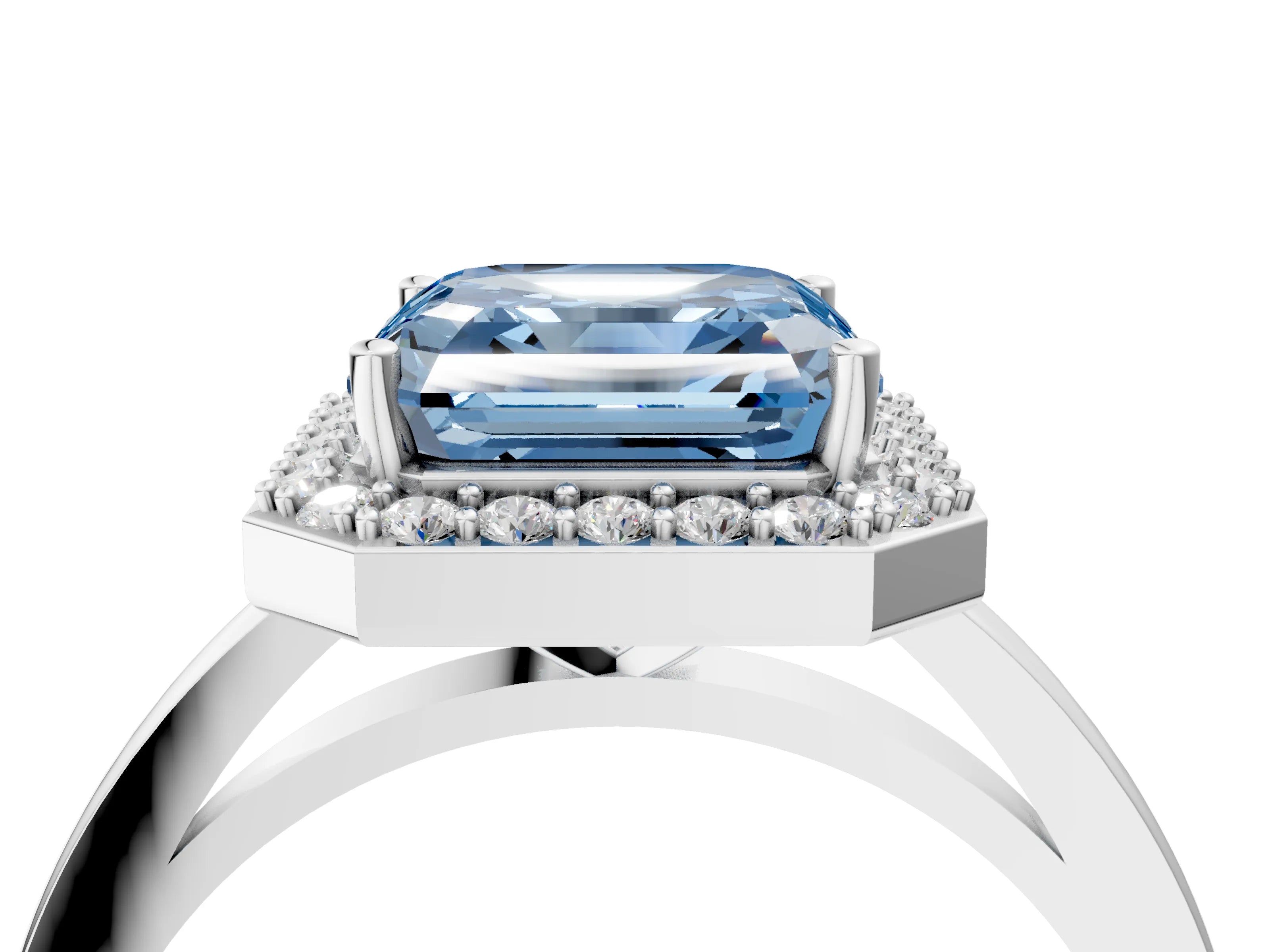 White gold Fancy Blue Asscher Cut Halo Diamond Ring with Solitaire Band and Prong Setting_4