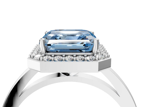 White gold Fancy Blue Asscher Cut Halo Diamond Ring with Solitaire Band and Prong Setting_4