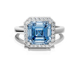 White gold Fancy Blue Asscher Cut Halo Diamond Ring with Solitaire Band and Prong Setting