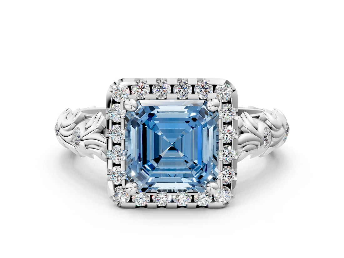 White gold Fancy Blue Asscher Cut Halo Diamond Solitaire with Filigree Band and Four-Prong Setting