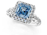 White gold Fancy Blue Asscher Cut Halo Diamond Solitaire with Filigree Band and Four-Prong Setting_1