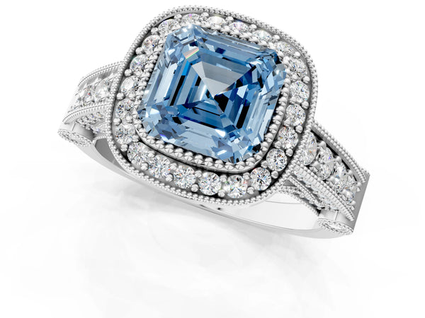 White gold Fancy Blue Asscher Cut Halo Diamond Split Shank Pave Ring