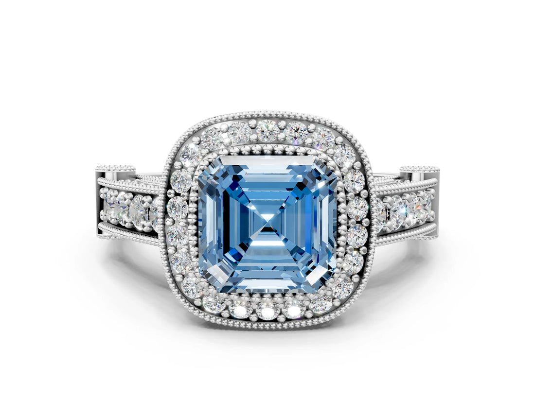 White gold Fancy Blue Asscher Cut Halo Diamond Split Shank Pave Ring