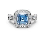White gold Fancy Blue Asscher Cut Halo Diamond Split Shank Pave Ring