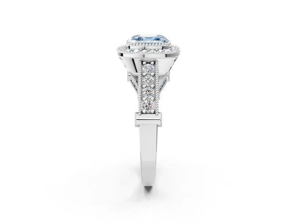 White gold Fancy Blue Asscher Cut Halo Diamond Split Shank Pave Ring
