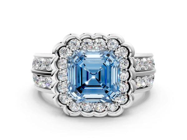 Platinum Fancy Blue Asscher Cut Halo Diamond Split Shank Ring with Scalloped Prong Setting