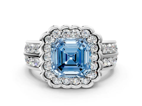 White gold Fancy Blue Asscher Cut Halo Diamond Split Shank Ring with Scalloped Prong Setting_12
