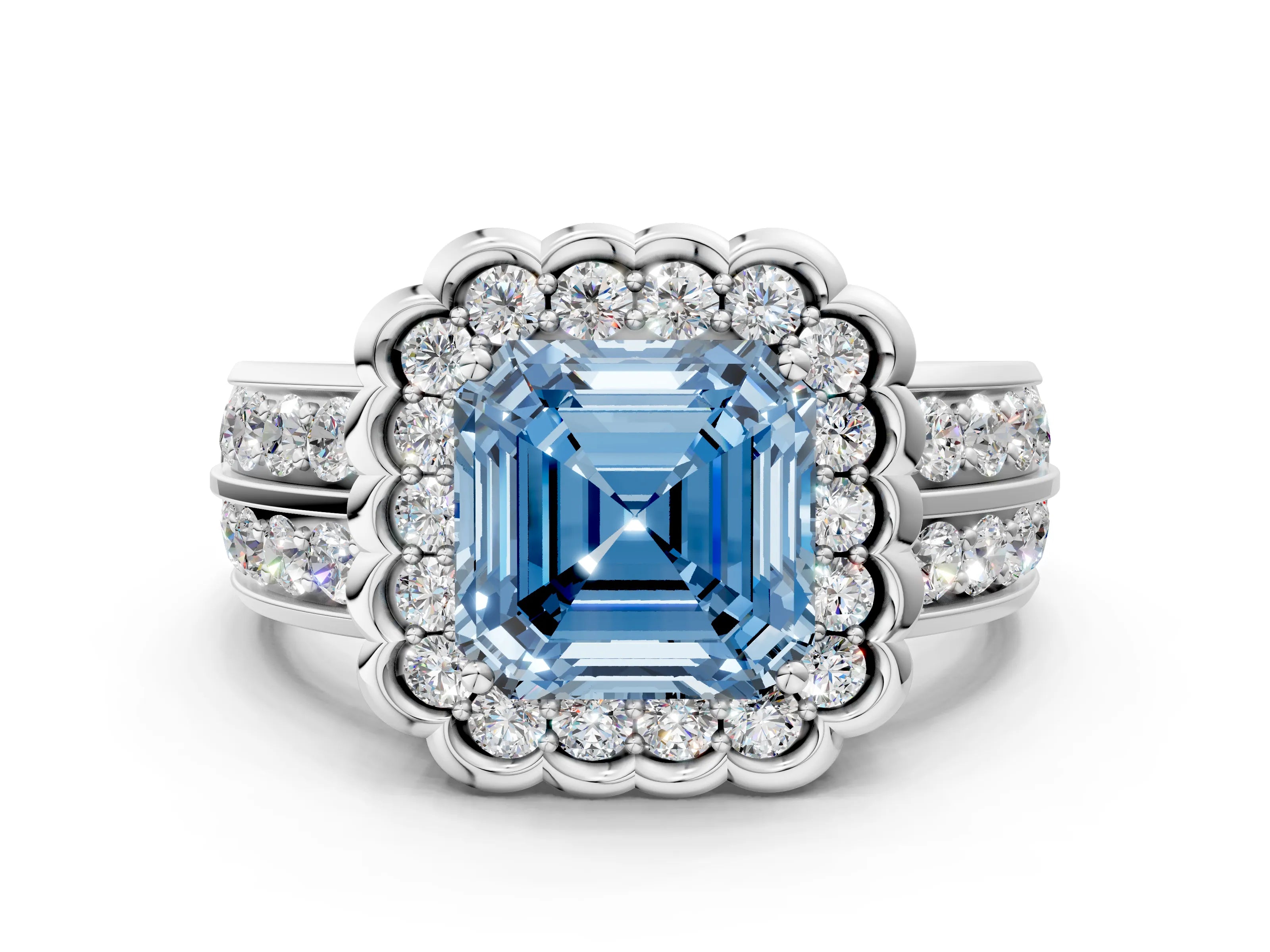 White gold Fancy Blue Asscher Cut Halo Diamond Split Shank Ring with Scalloped Prong Setting_12