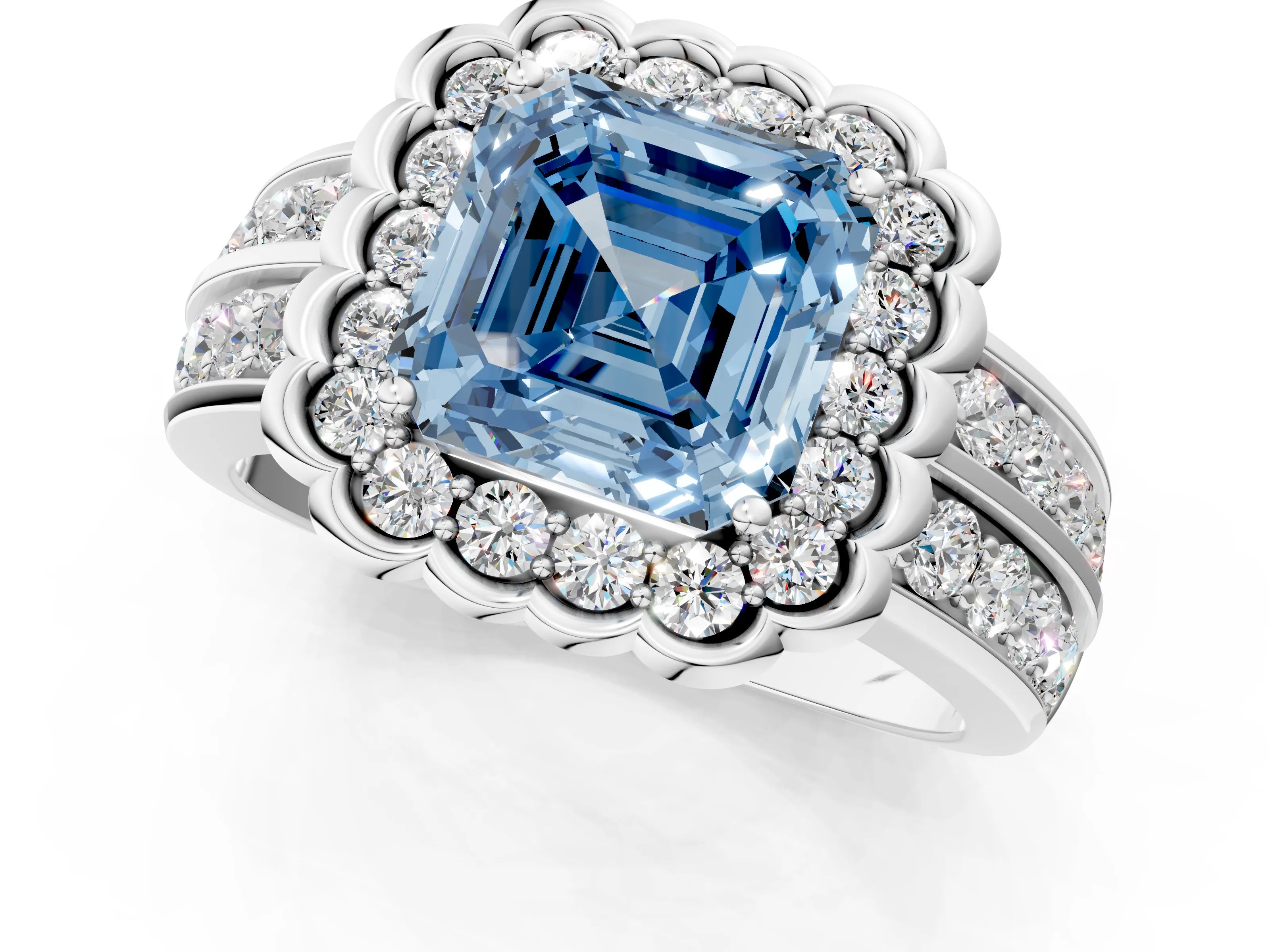 White gold Fancy Blue Asscher Cut Halo Diamond Split Shank Ring with Scalloped Prong Setting_13