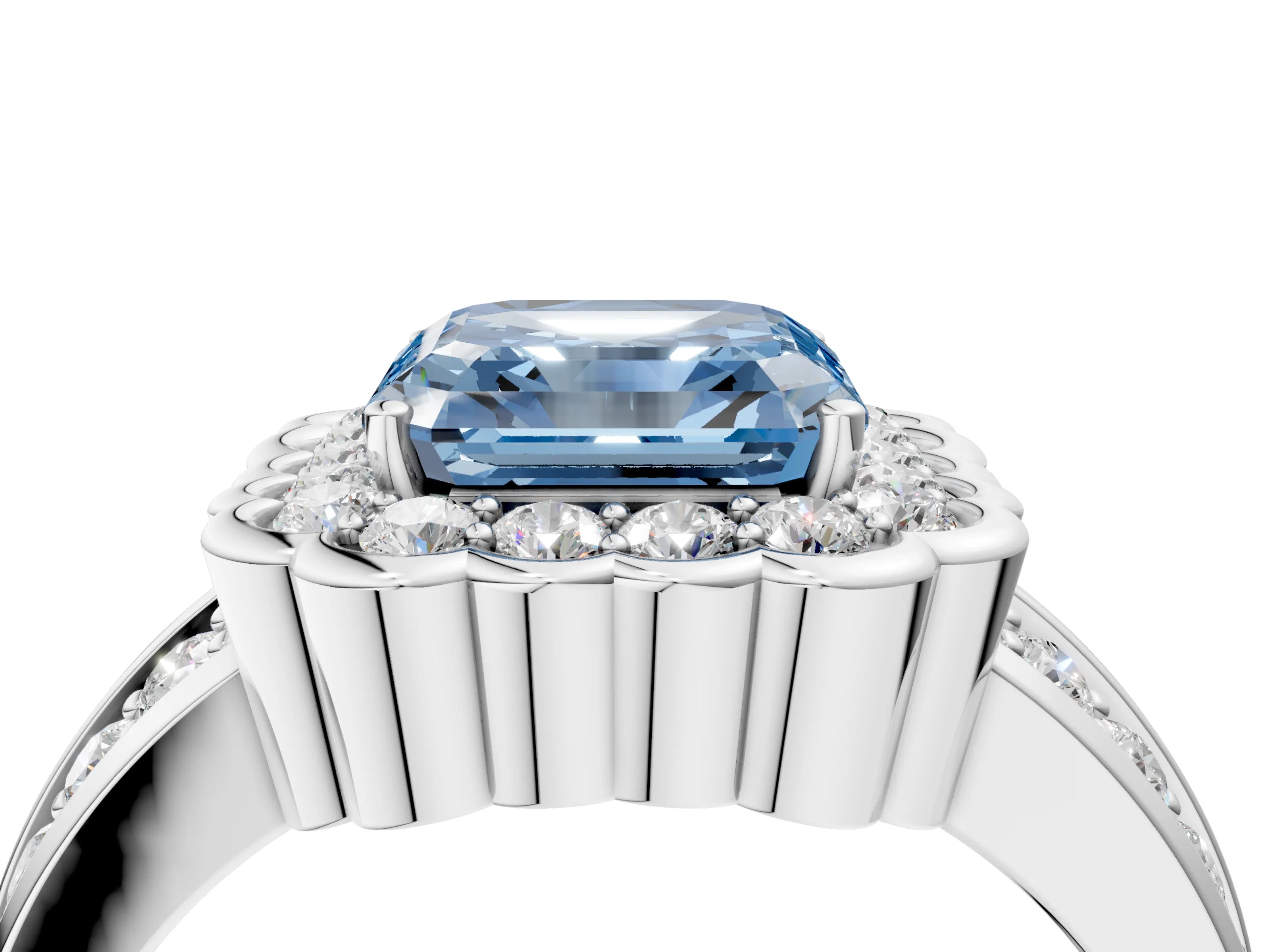 White gold Fancy Blue Asscher Cut Halo Diamond Split Shank Ring with Scalloped Prong Setting_16