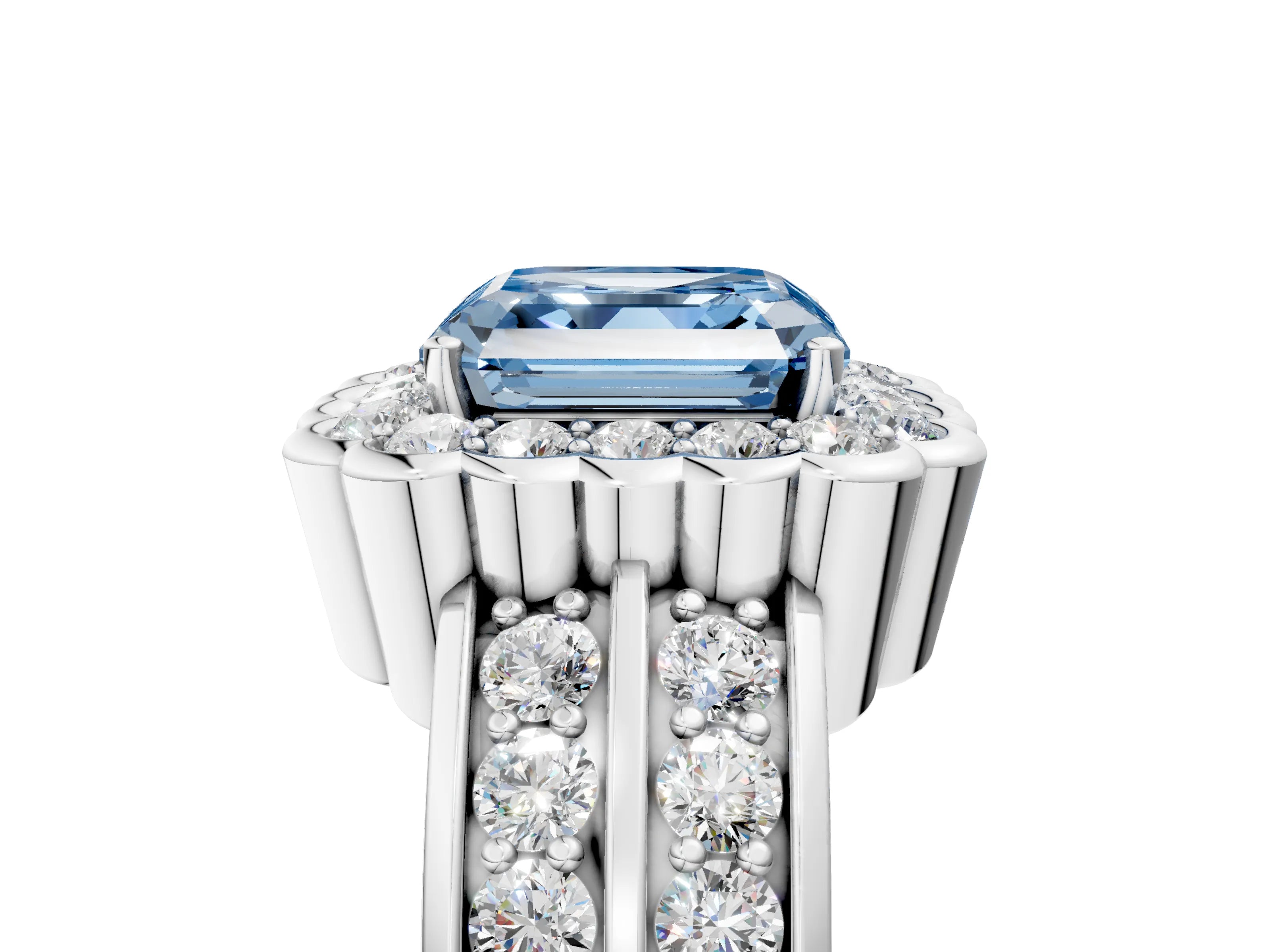 White gold Fancy Blue Asscher Cut Halo Diamond Split Shank Ring with Scalloped Prong Setting_17