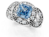White gold Fancy Blue Asscher Cut Halo Milgrain Diamond Engagement Ring with Leaf Band and Four-Prong Setting_1