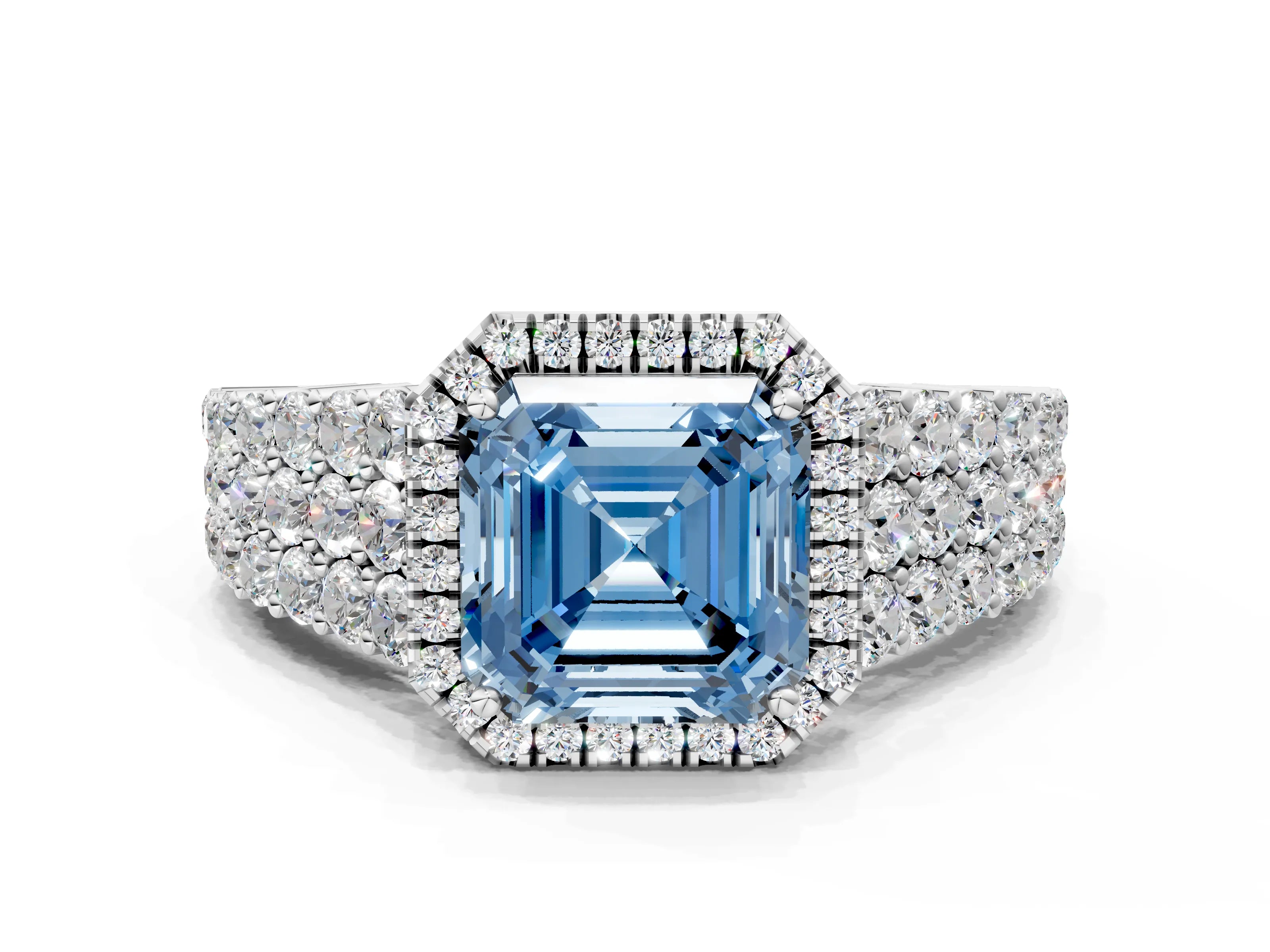 White gold Fancy Blue Asscher Cut Halo Pavé Diamond Engagement Ring with Split Shank and Four-Prong Setting_3