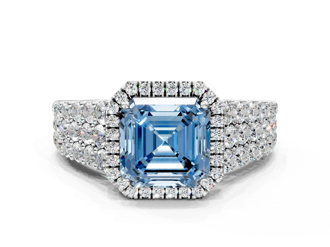 White gold Fancy Blue Asscher Cut Halo Pavé Diamond Engagement Ring with Split Shank and Four-Prong Setting_3