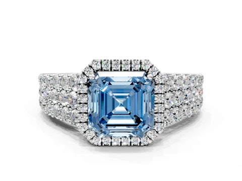 White gold Fancy Blue Asscher Cut Halo Pavé Diamond Engagement Ring with Split Shank and Four-Prong Setting_3