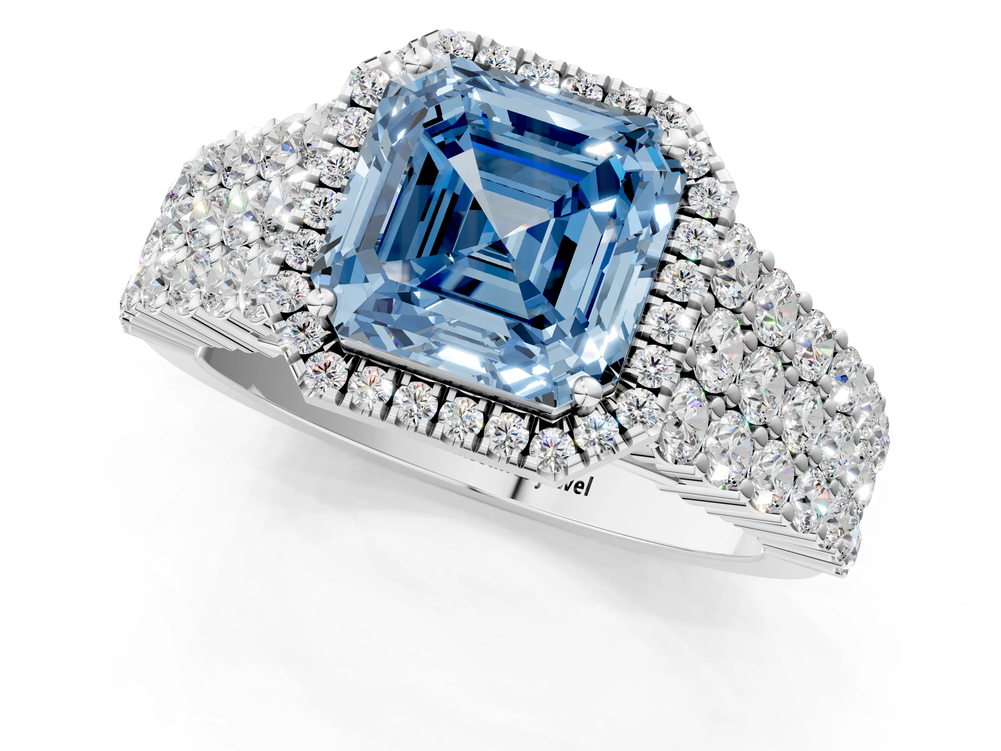White gold Fancy Blue Asscher Cut Halo Pavé Diamond Engagement Ring with Split Shank and Four-Prong Setting_4