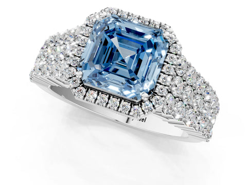 White gold Fancy Blue Asscher Cut Halo Pavé Diamond Engagement Ring with Split Shank and Four-Prong Setting_4