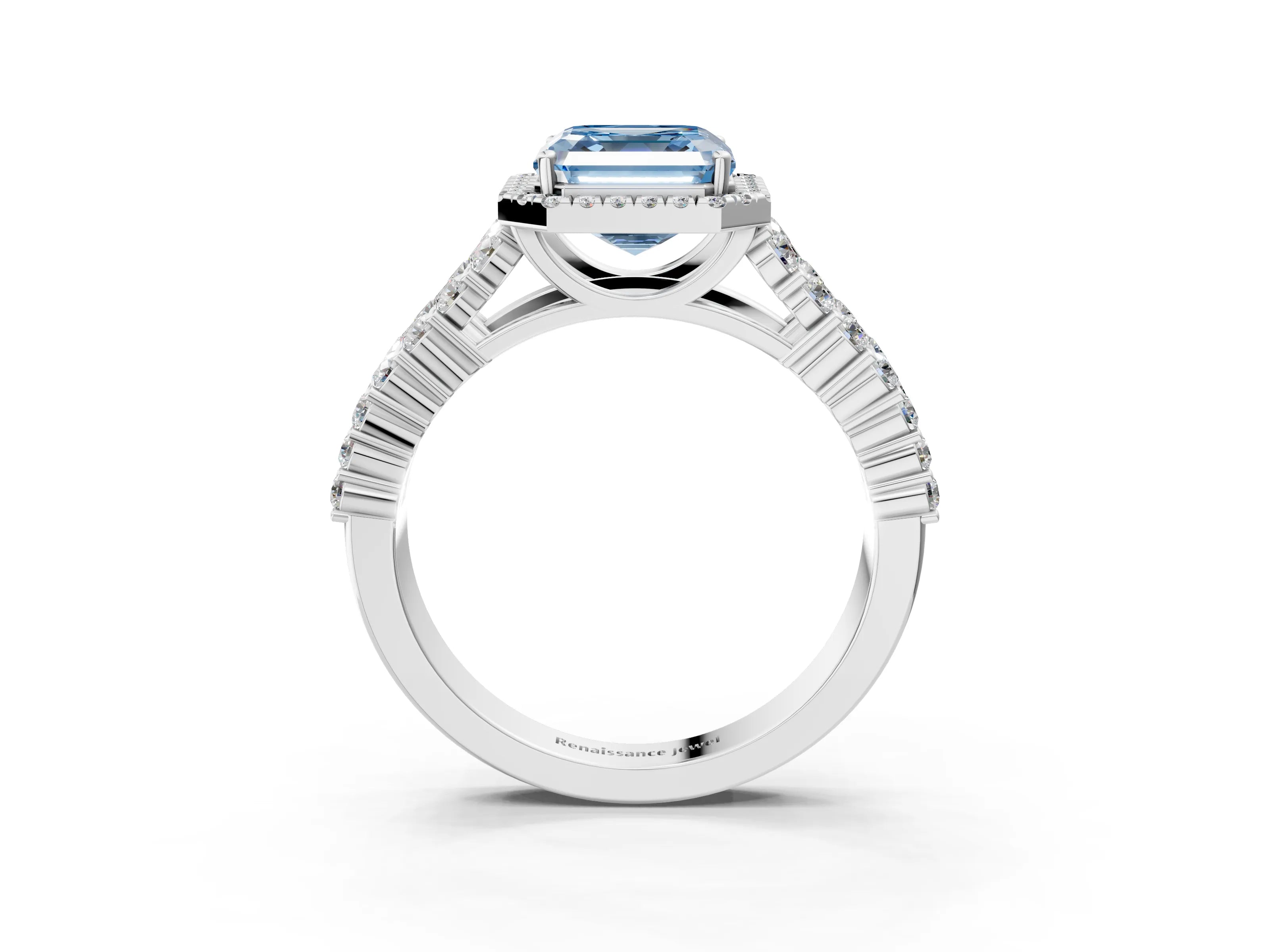 White gold Fancy Blue Asscher Cut Halo Pavé Diamond Engagement Ring with Split Shank and Four-Prong Setting_6
