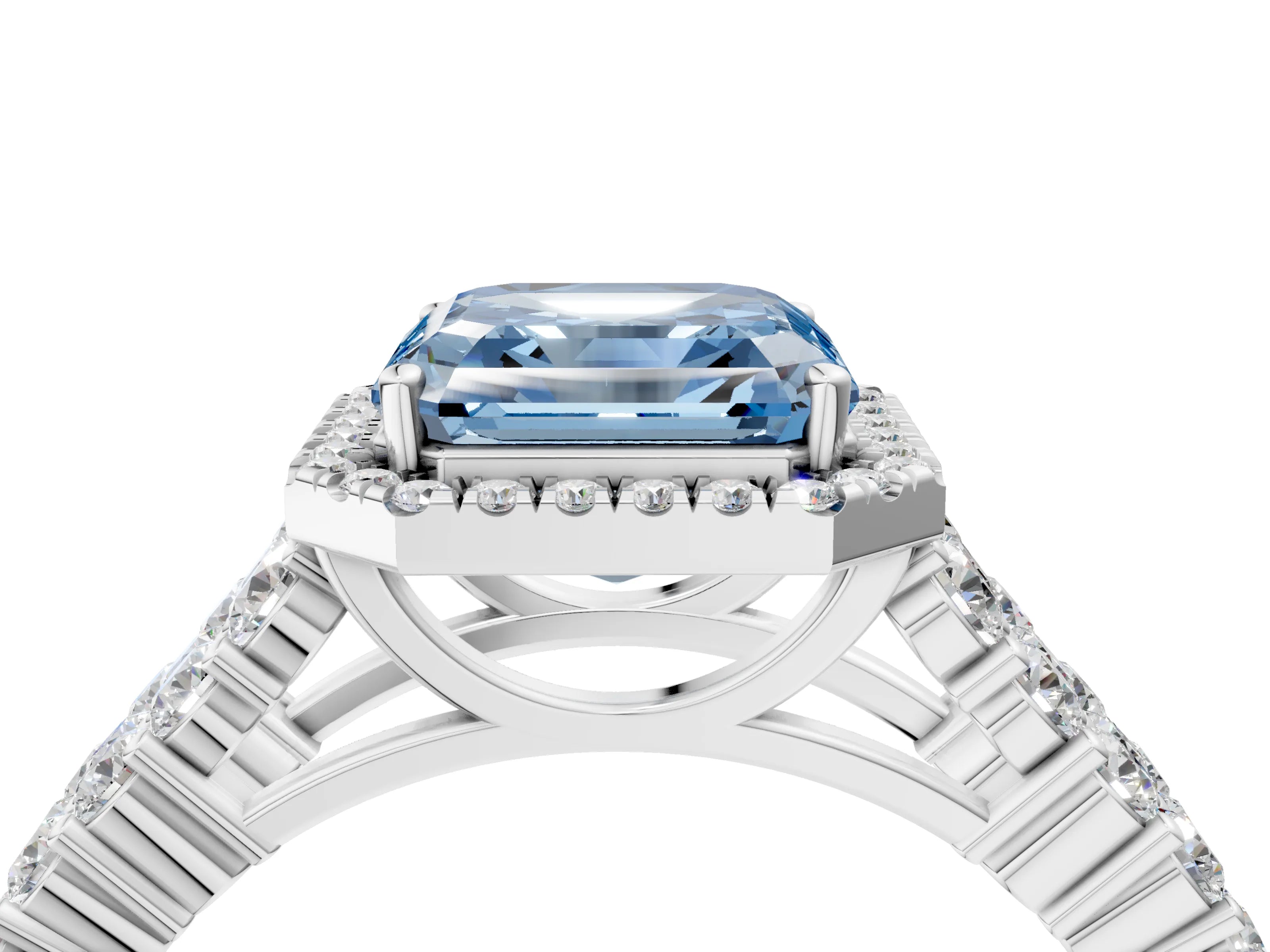 White gold Fancy Blue Asscher Cut Halo Pavé Diamond Engagement Ring with Split Shank and Four-Prong Setting_7