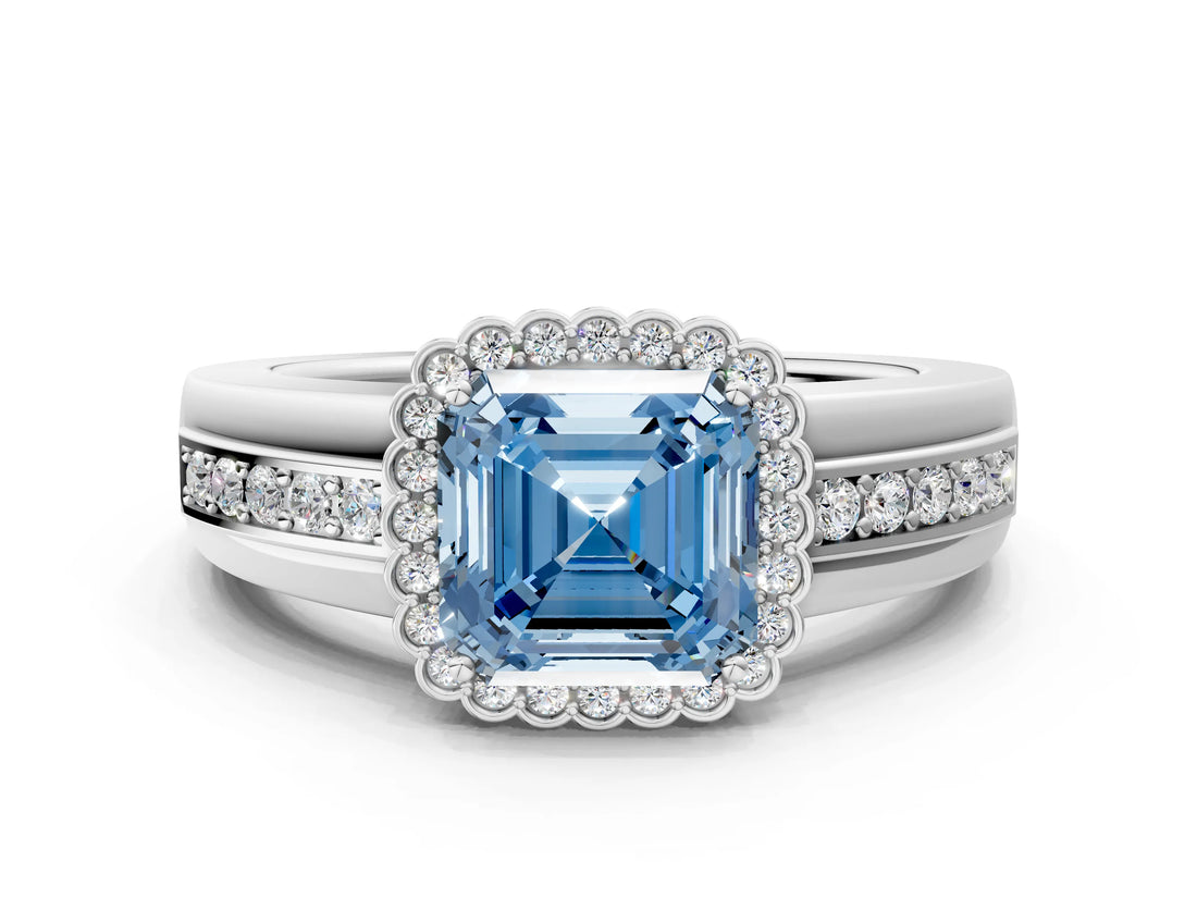 White gold Fancy Blue Asscher  Cut Halo Pave Band Four-Prong Ring_29