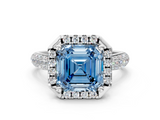 White gold Fancy Blue Asscher  Cut Halo Pave Band Four-Prong Setting Ring