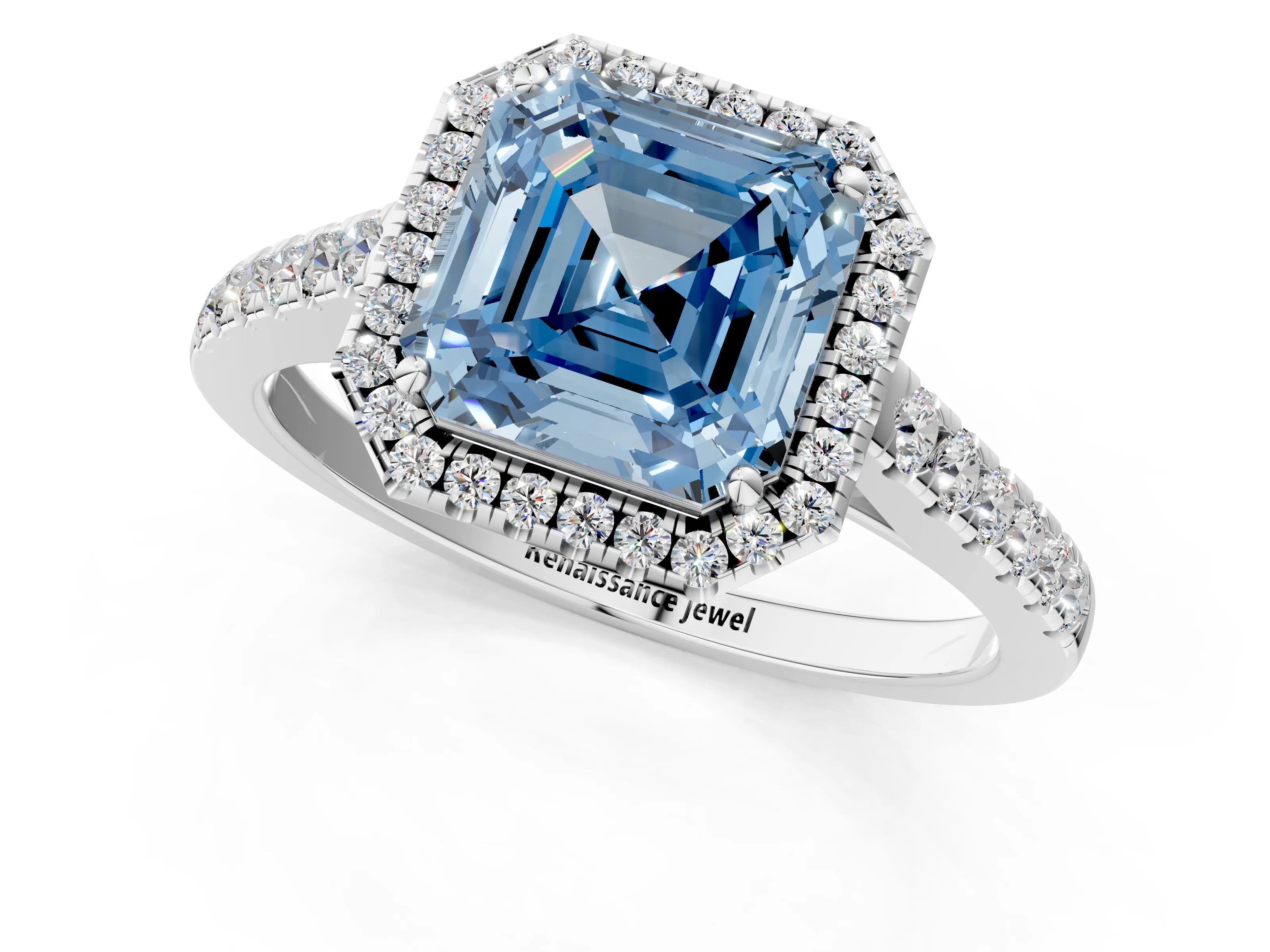 White gold Fancy Blue Asscher Cut Halo Pave Diamond Engagement Ring with Four-Prong Setting_13