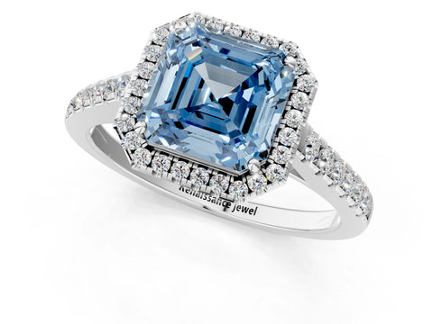 White gold Fancy Blue Asscher Cut Halo Pave Diamond Engagement Ring with Four-Prong Setting_13