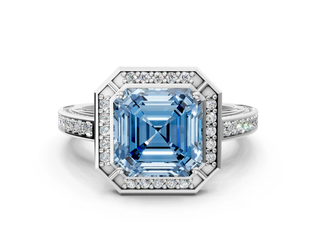 White gold Fancy Blue Asscher  Cut Halo Pave Split Shank Prong Setting Ring_49