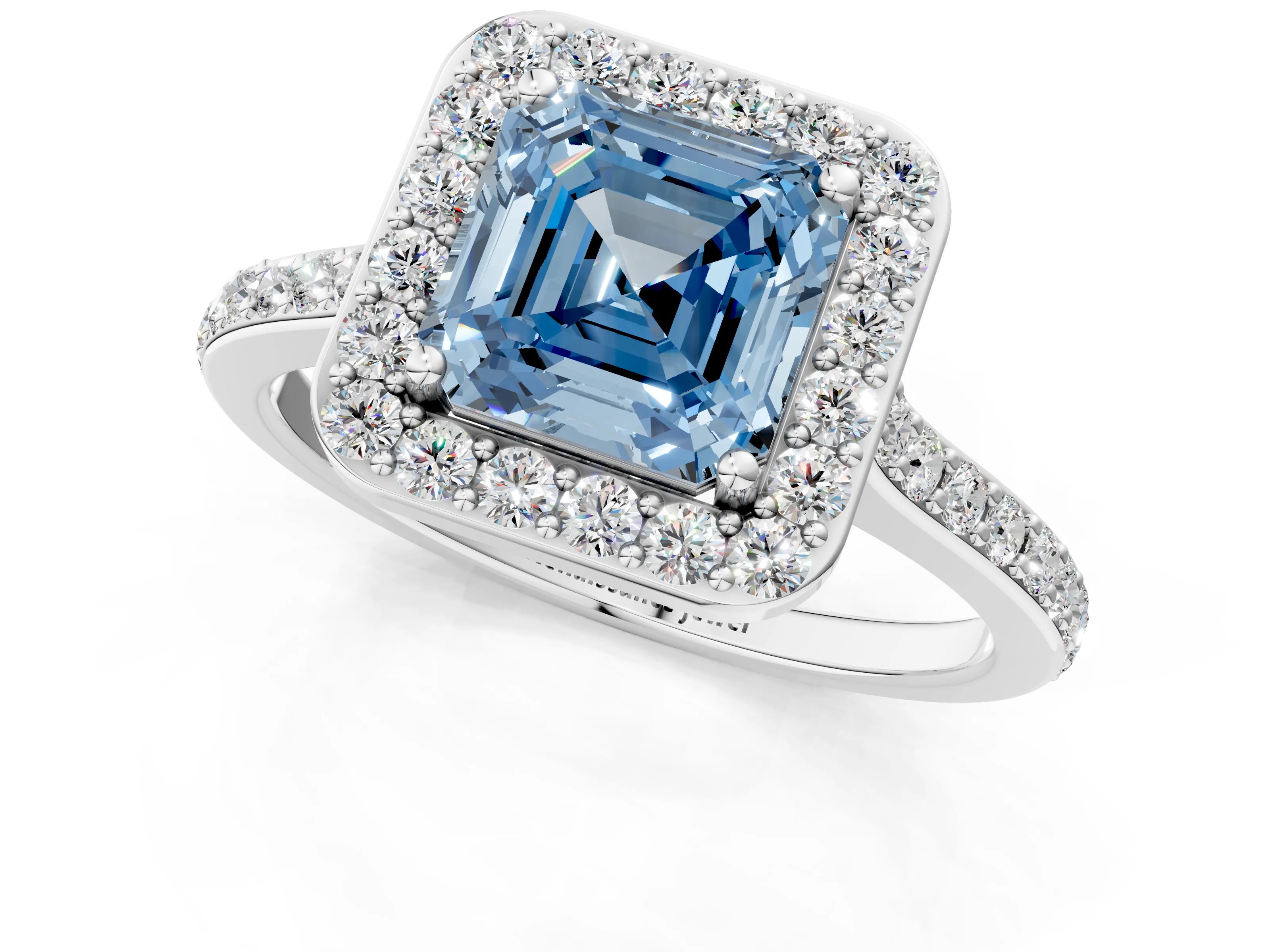 White gold Fancy Blue Asscher Cut Halo Round Diamond Pavé Band with Four-Prong Setting_16