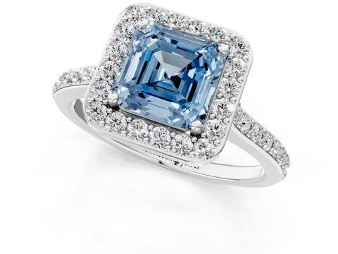 White gold Fancy Blue Asscher Cut Halo Round Diamond Pavé Band with Four-Prong Setting_16