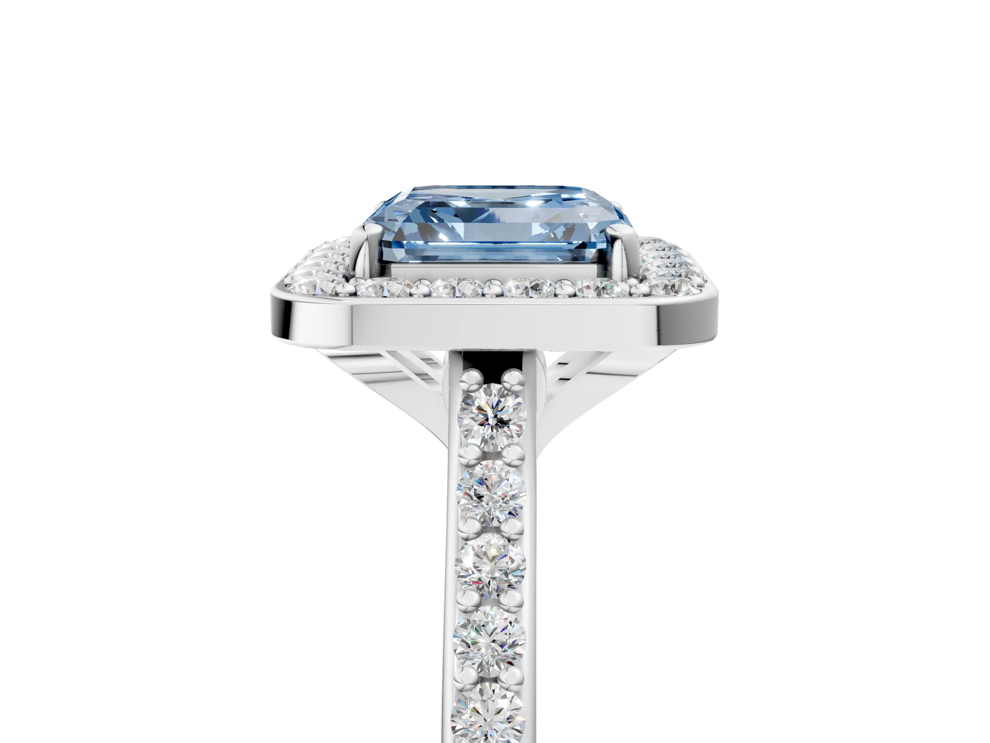 White gold Fancy Blue Asscher Cut Halo Round Diamond Pavé Band with Four-Prong Setting_20