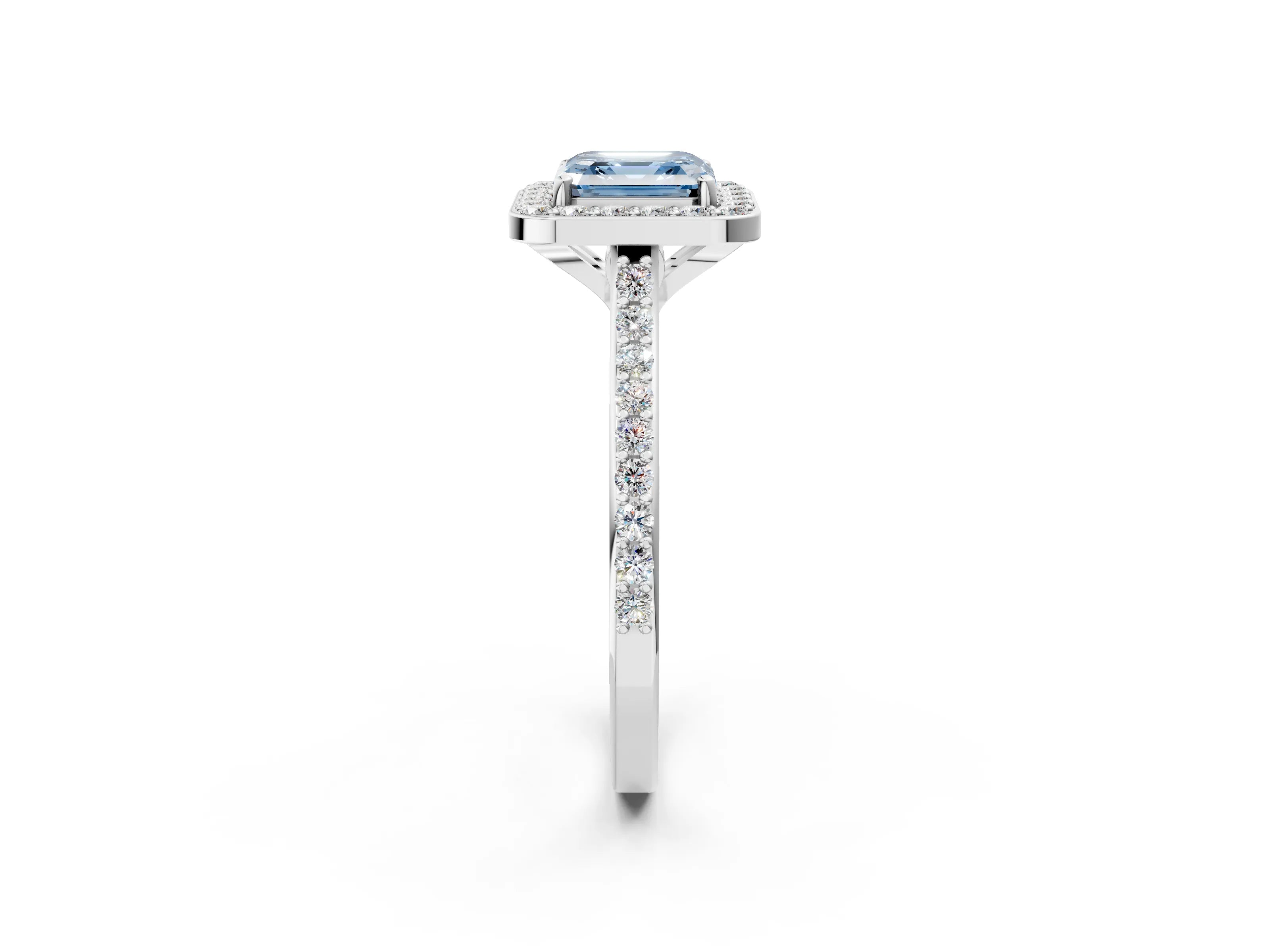 White gold Fancy Blue Asscher Cut Halo Round Diamond Pavé Band with Four-Prong Setting_23