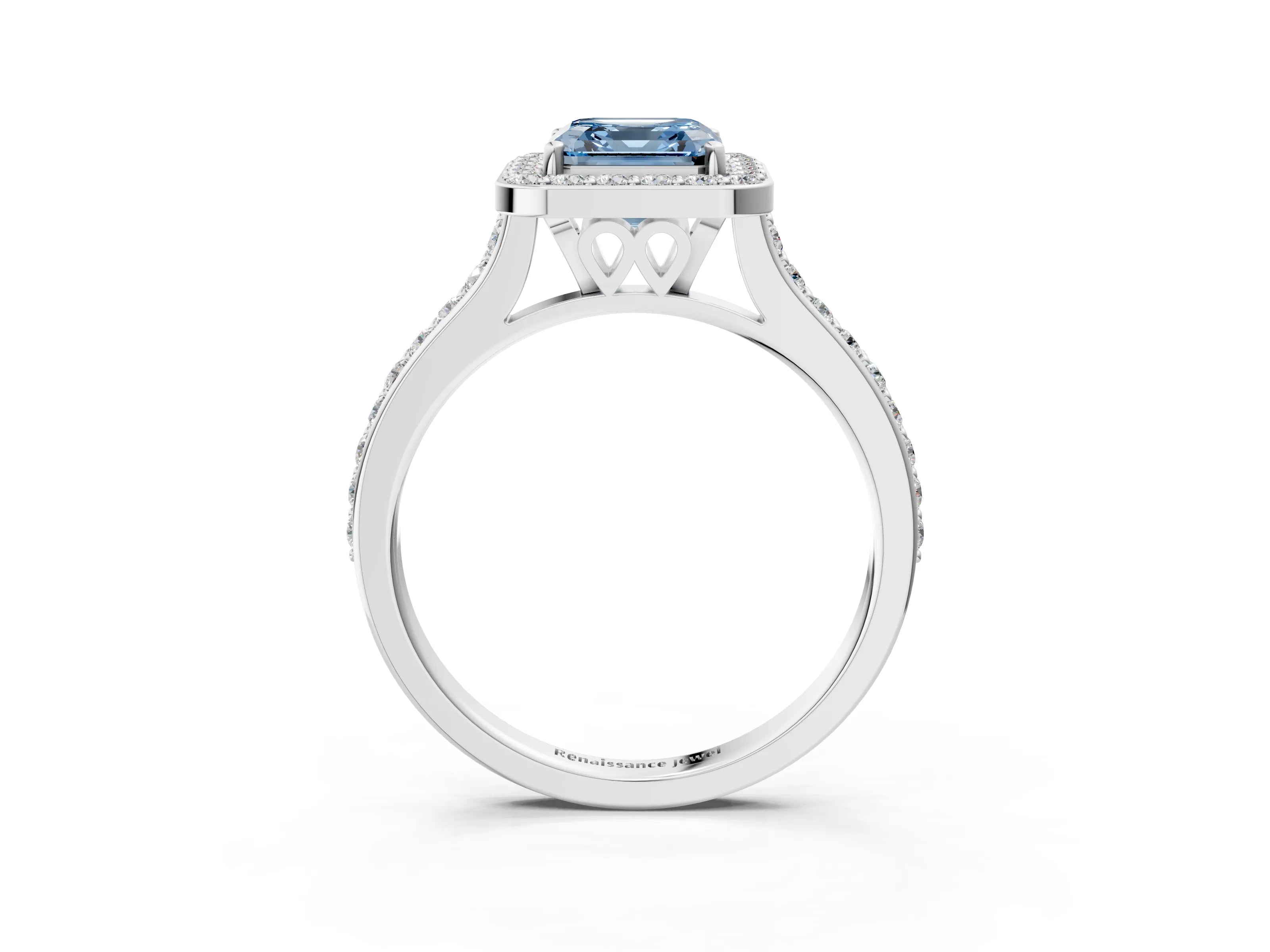 White gold Fancy Blue Asscher Cut Halo Round Diamond Pavé Band with Four-Prong Setting_24