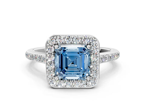 White gold Fancy Blue Asscher Cut Halo Round Diamond Pavé Band with Four-Prong Setting_26