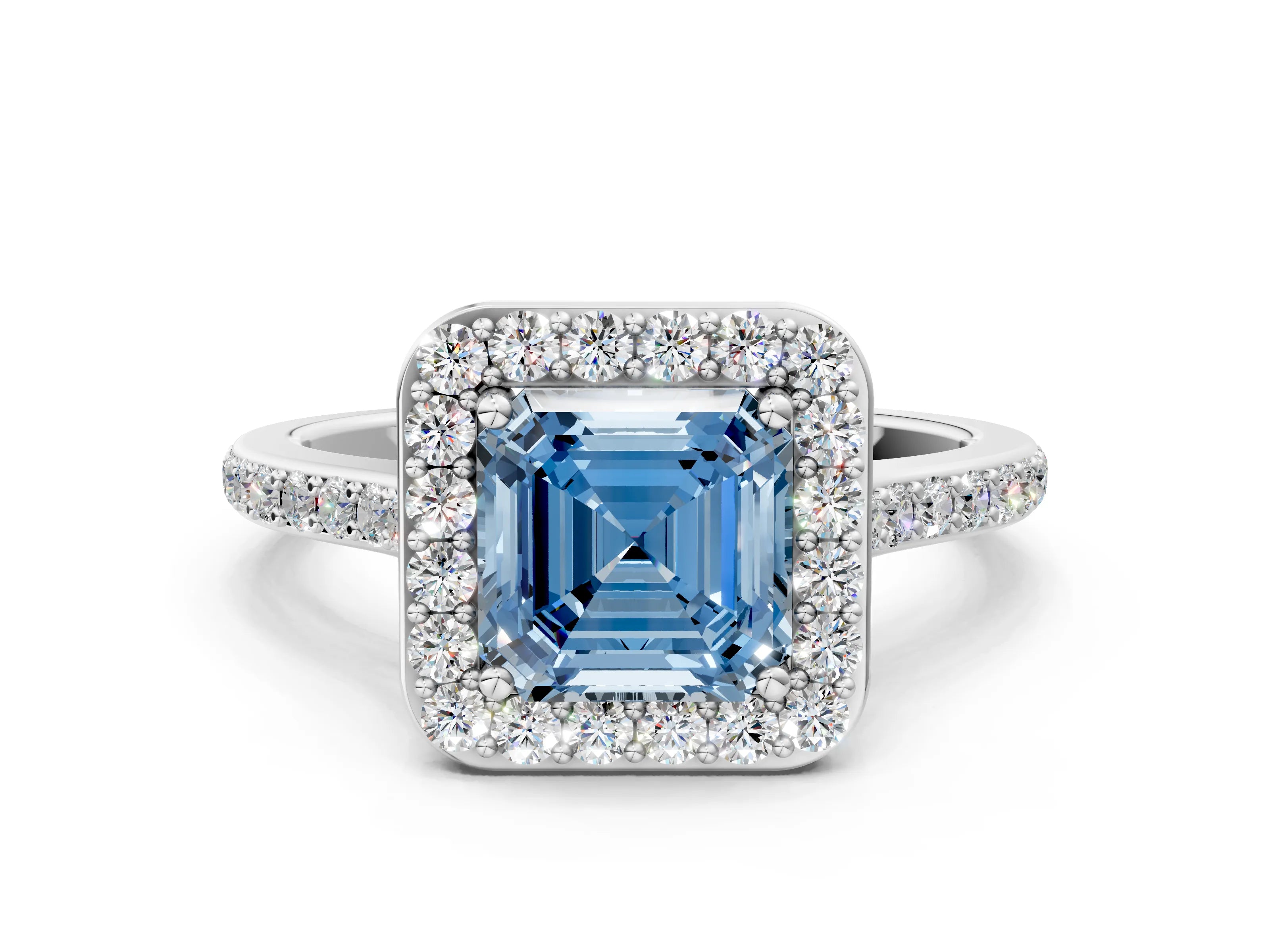 White gold Fancy Blue Asscher Cut Halo Round Diamond Pavé Band with Four-Prong Setting_27