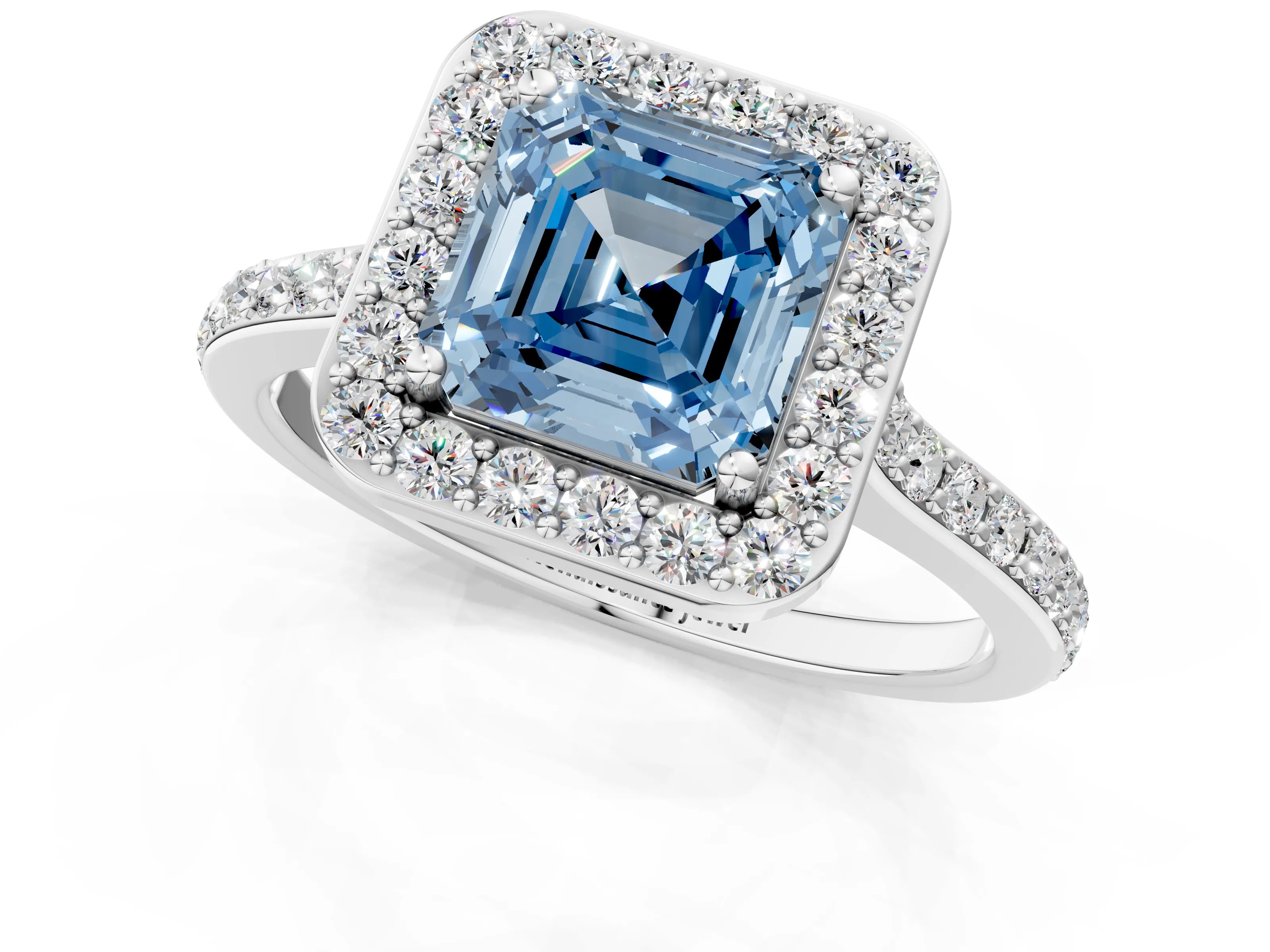 White gold Fancy Blue Asscher Cut Halo Round Diamond Pavé Band with Four-Prong Setting_28
