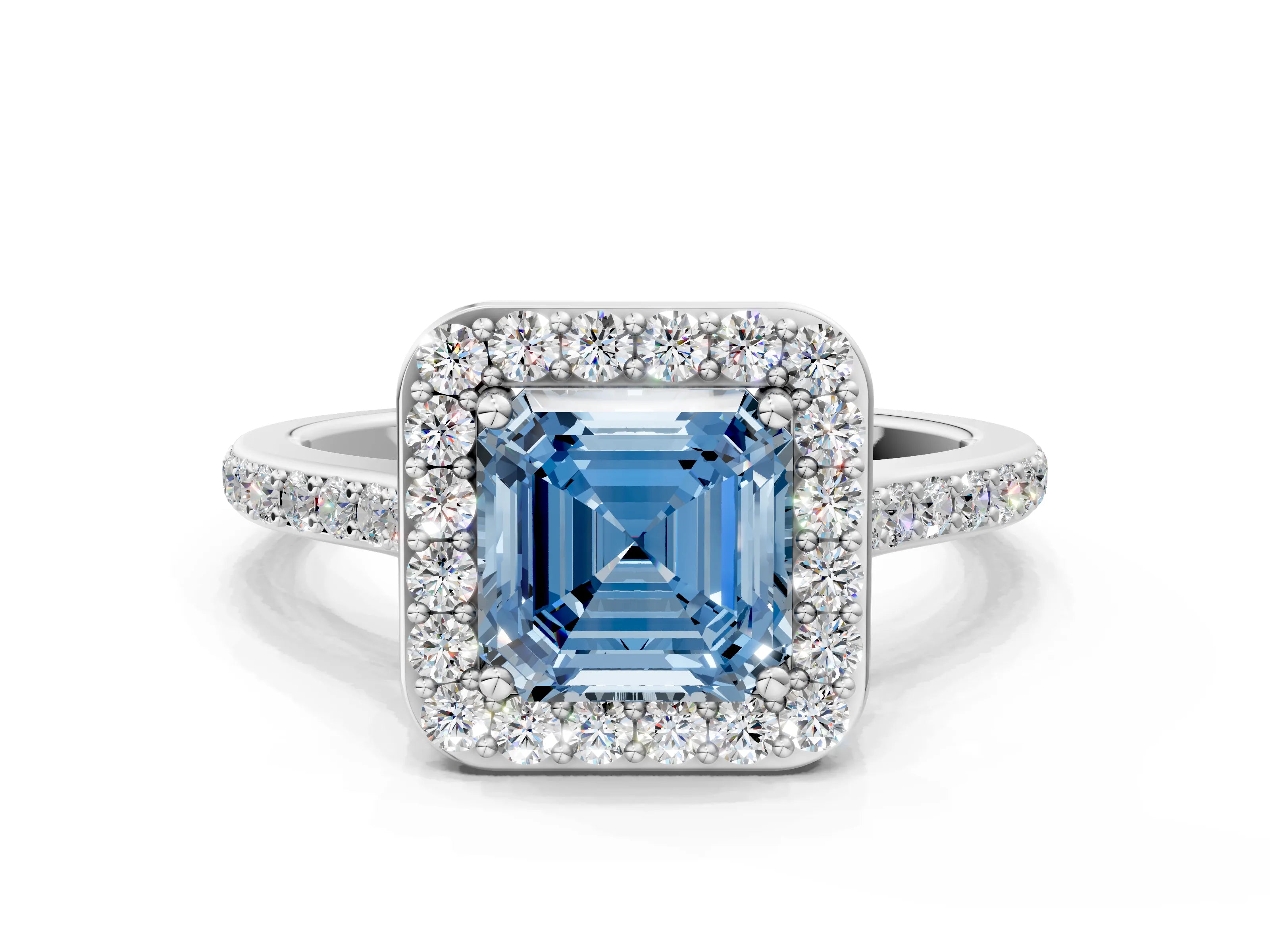 White gold Fancy Blue Asscher Cut Halo Round Diamond Pavé Band with Four-Prong Setting_38