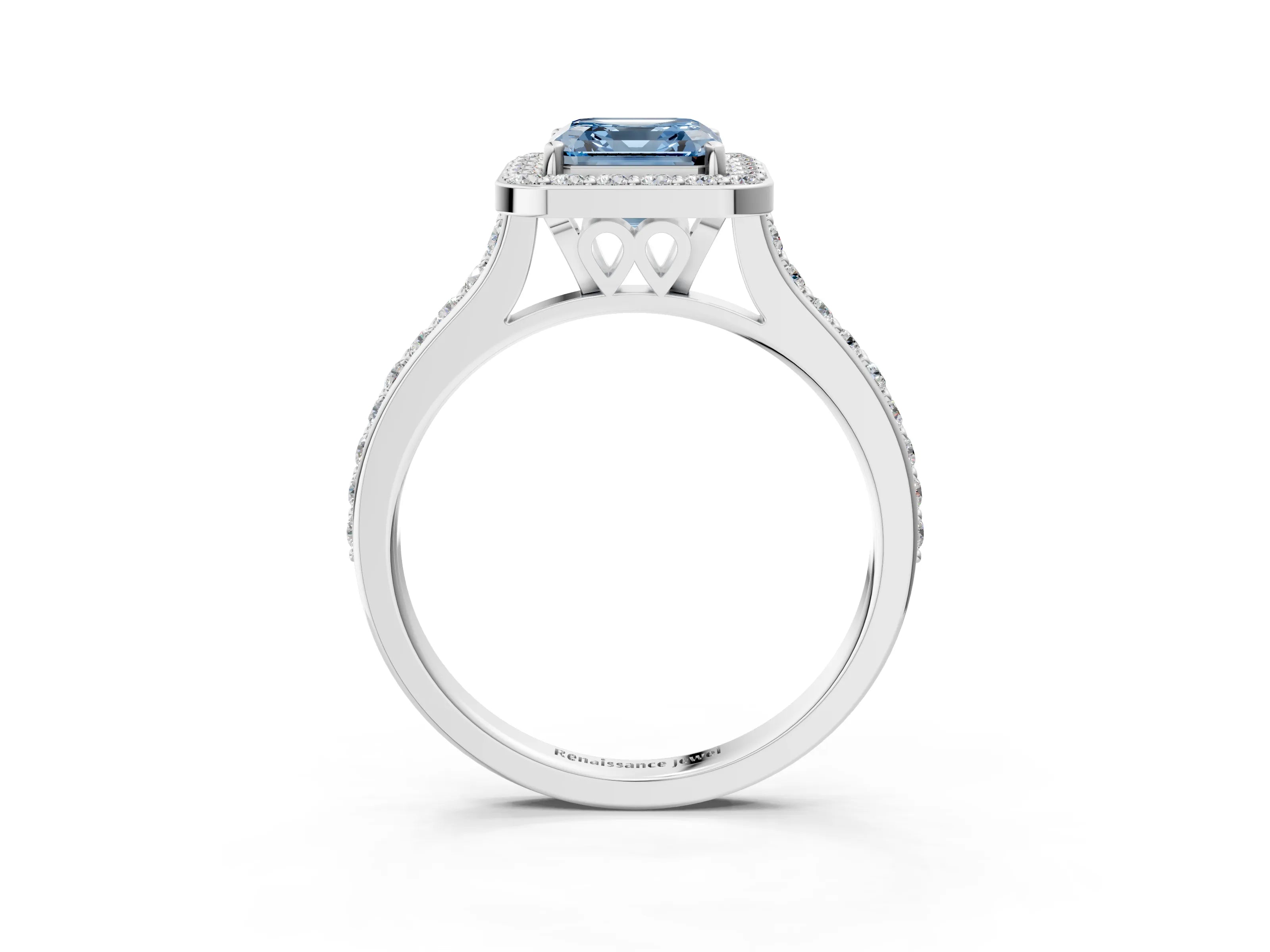 White gold Fancy Blue Asscher Cut Halo Round Diamond Pavé Band with Four-Prong Setting_42