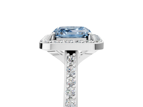White gold Fancy Blue Asscher Cut Halo Round Diamond Pavé Band with Four-Prong Setting_44