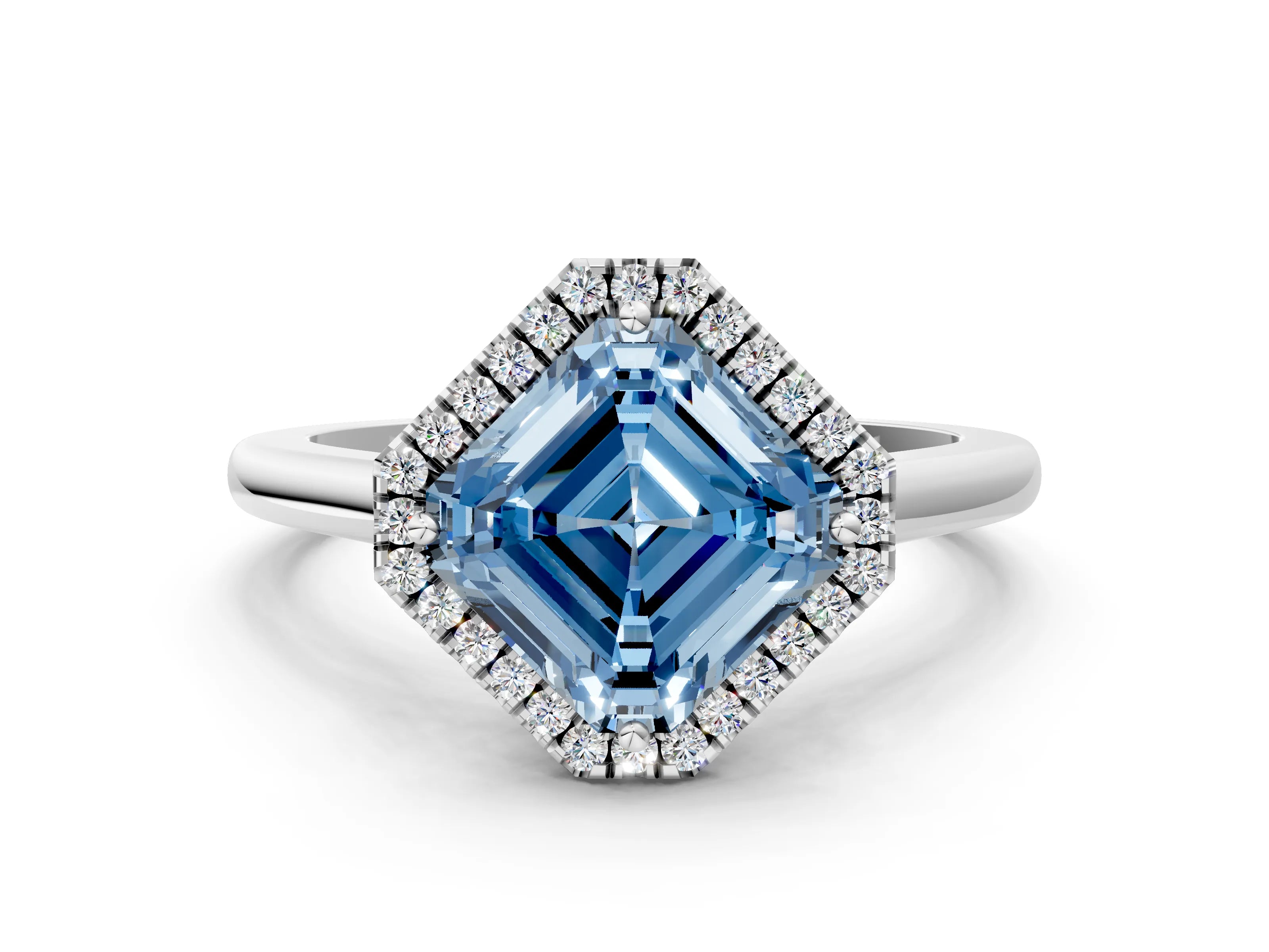 White gold Fancy Blue Asscher Cut Halo Round Diamond Solitaire Engagement Ring with Pave Band and Four-Prong Setting_24