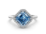 White gold Fancy Blue Asscher Cut Halo Round Diamond Solitaire Engagement Ring with Pave Band and Four-Prong Setting_24