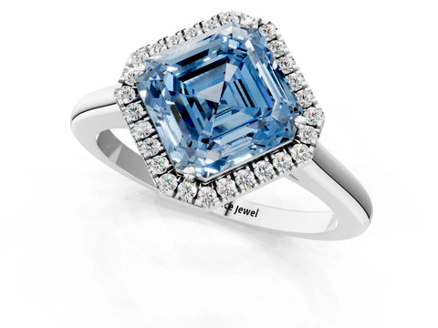 White gold Fancy Blue Asscher Cut Halo Round Diamond Solitaire Engagement Ring with Pave Band and Four-Prong Setting_25