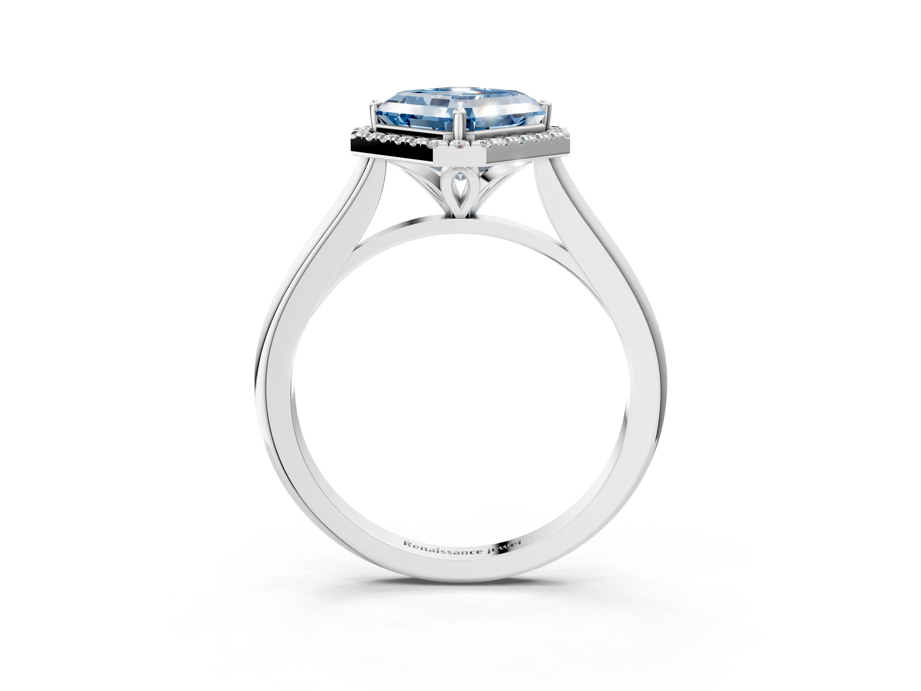 White gold Fancy Blue Asscher Cut Halo Round Diamond Solitaire Engagement Ring with Pave Band and Four-Prong Setting_27