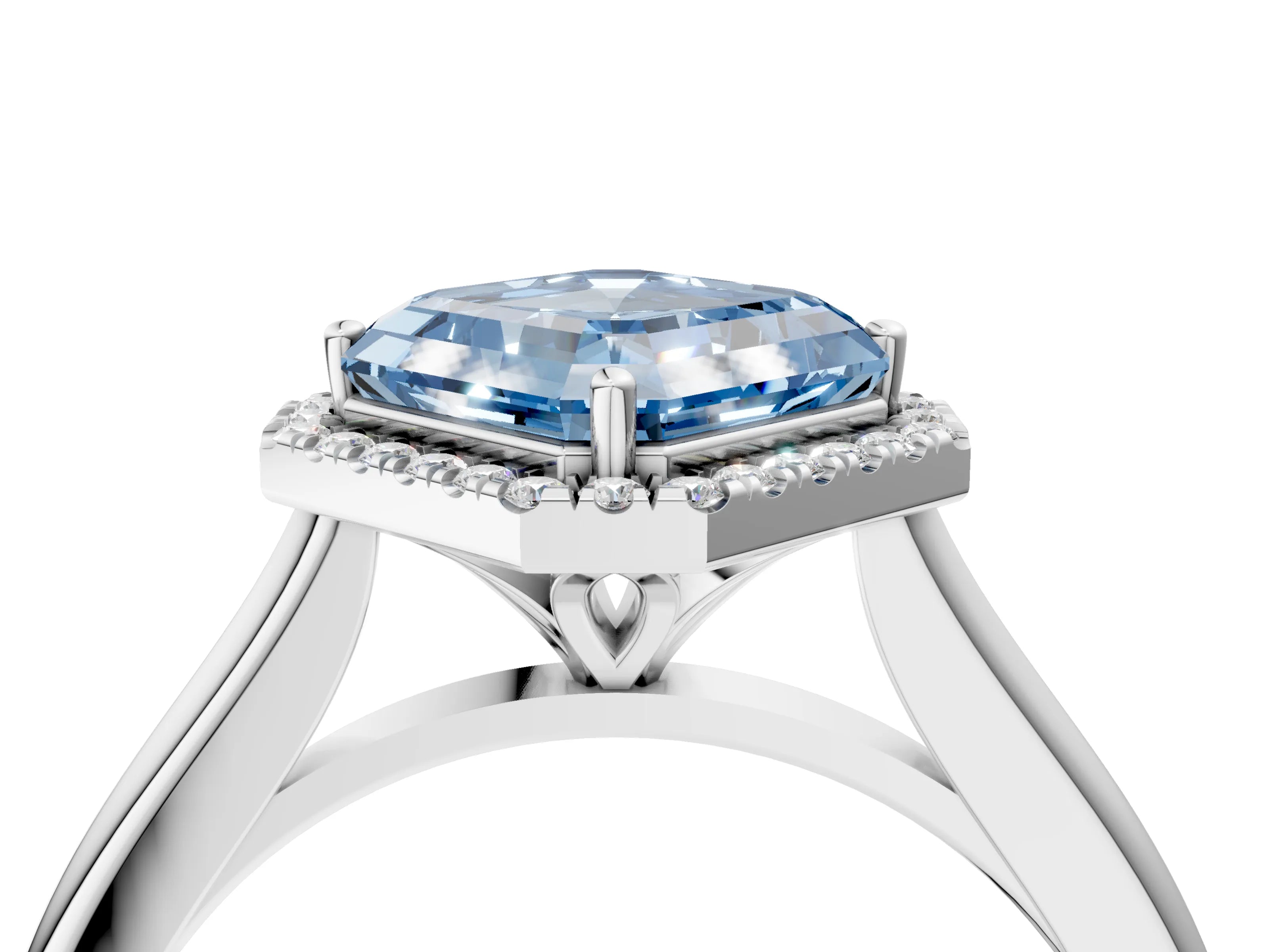 White gold Fancy Blue Asscher Cut Halo Round Diamond Solitaire Engagement Ring with Pave Band and Four-Prong Setting_28