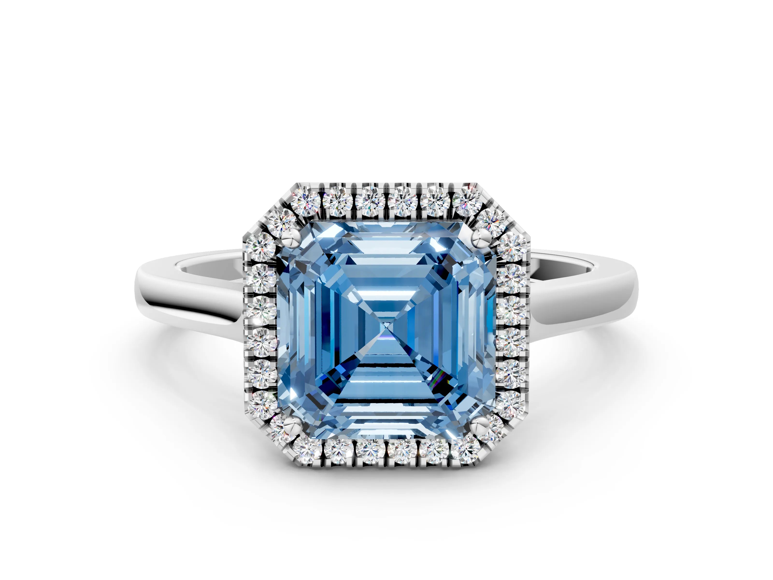 White gold Fancy Blue Asscher Cut Halo Round Diamond Solitaire Ring with Pavé Band and Four-Prong Setting