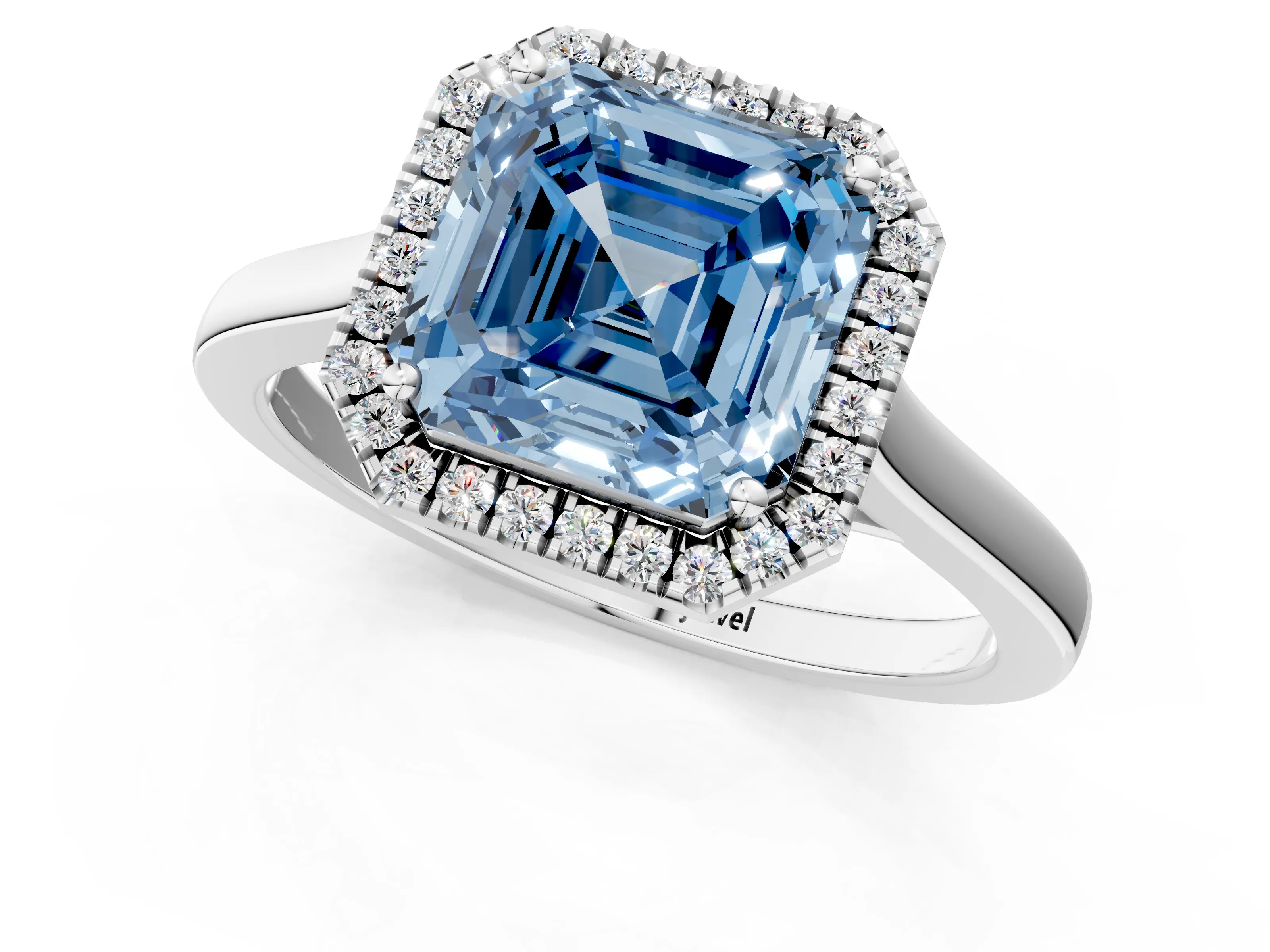 White gold Fancy Blue Asscher Cut Halo Round Diamond Solitaire Ring with Pavé Band and Four-Prong Setting_1