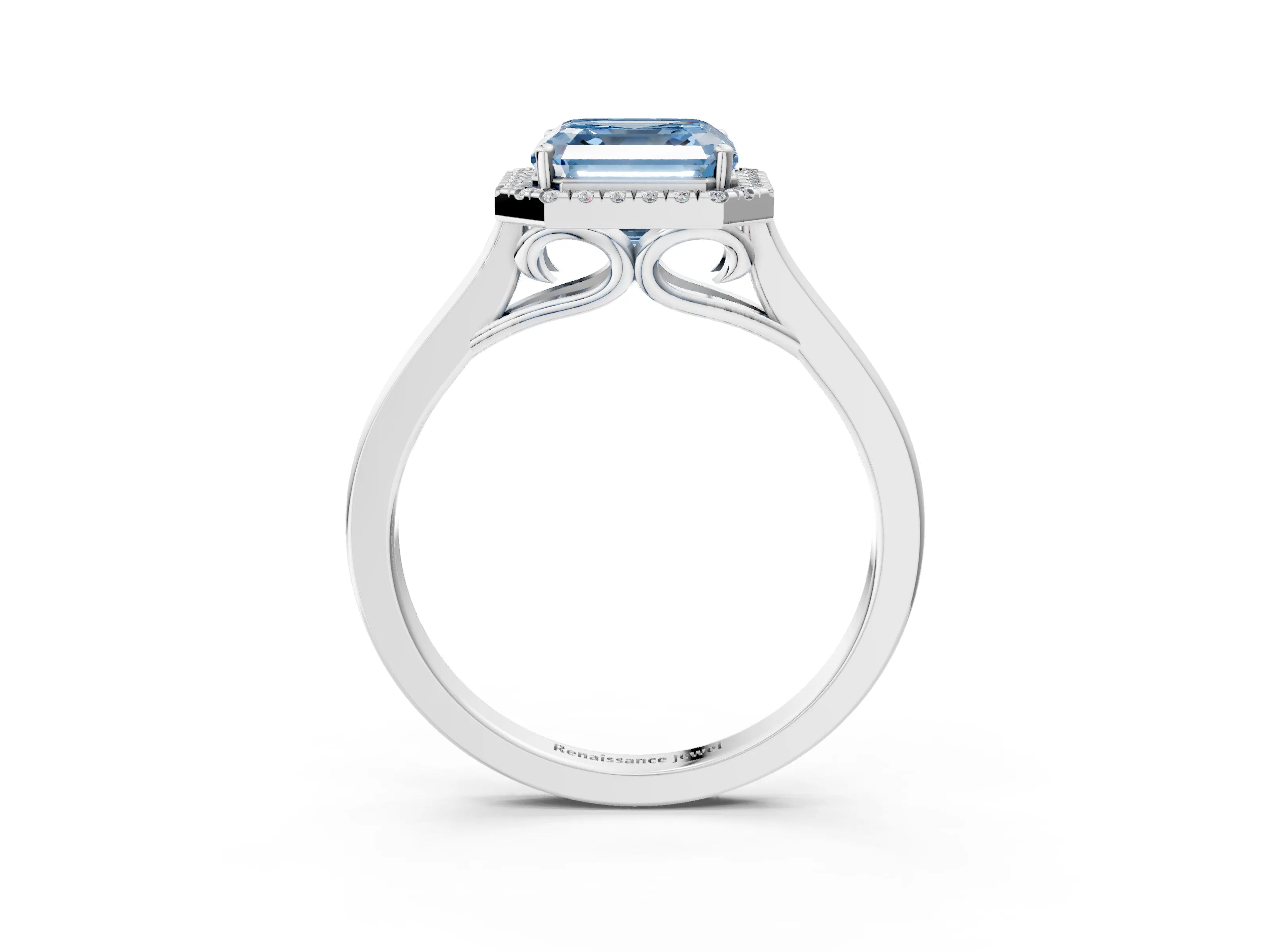 White gold Fancy Blue Asscher Cut Halo Round Diamond Solitaire Ring with Pavé Band and Four-Prong Setting_3